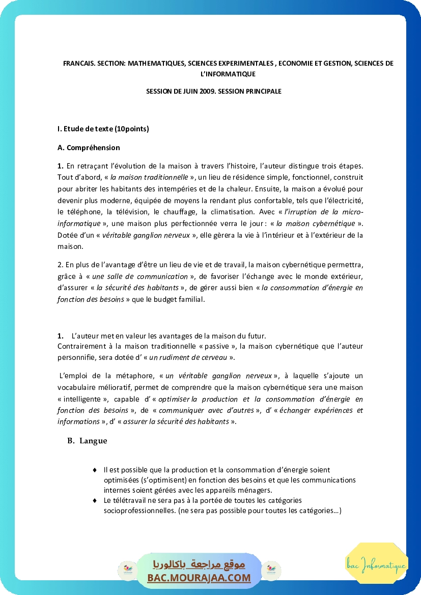 Corrigé principale francais Bac 2009 – Section info